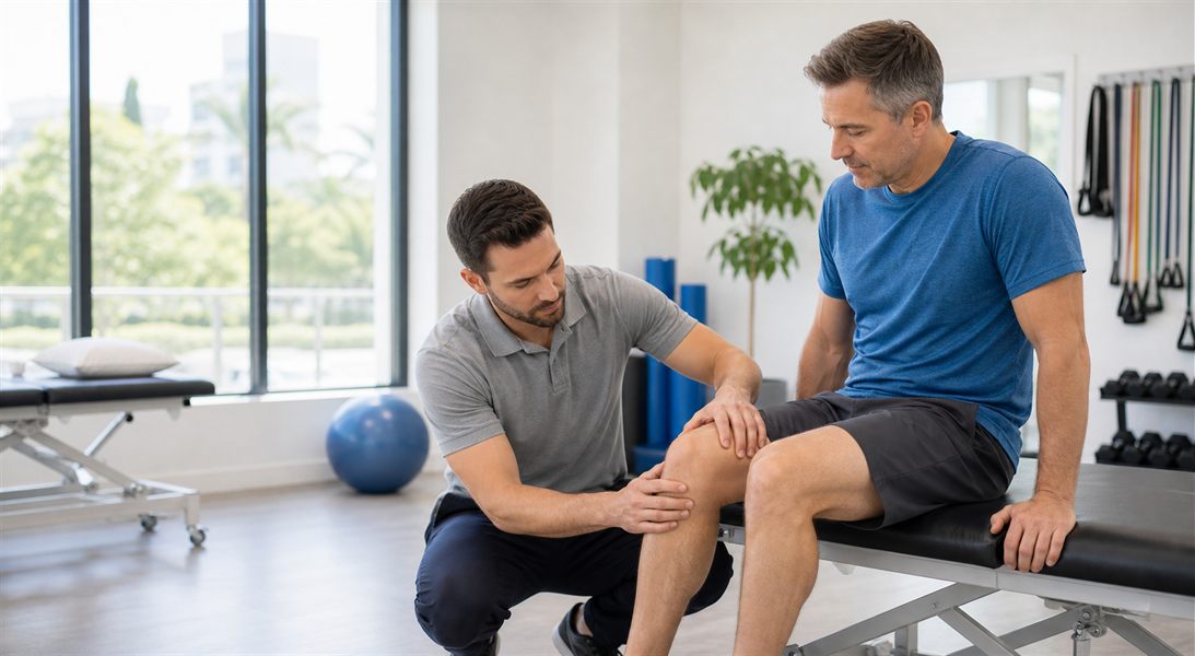 Physical therapist assessing knee mobility after an ACL or knee injury