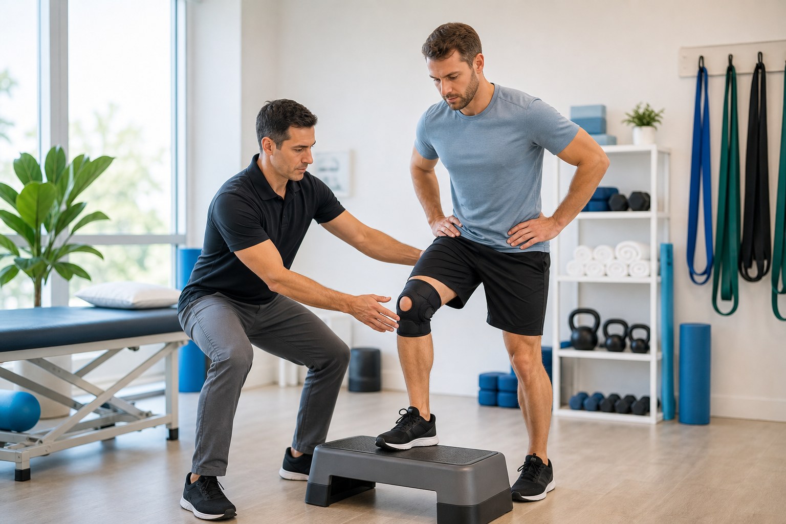 Physical therapist guiding ACL and knee stability rehabilitation exercise in Boca Raton