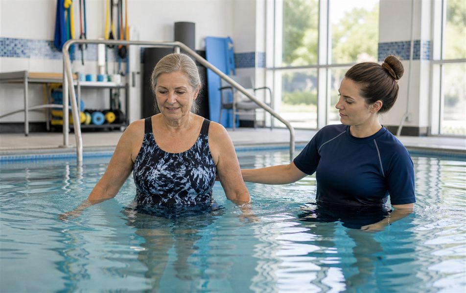 Water walking rehabilitation exercise during aquatic physical therapy