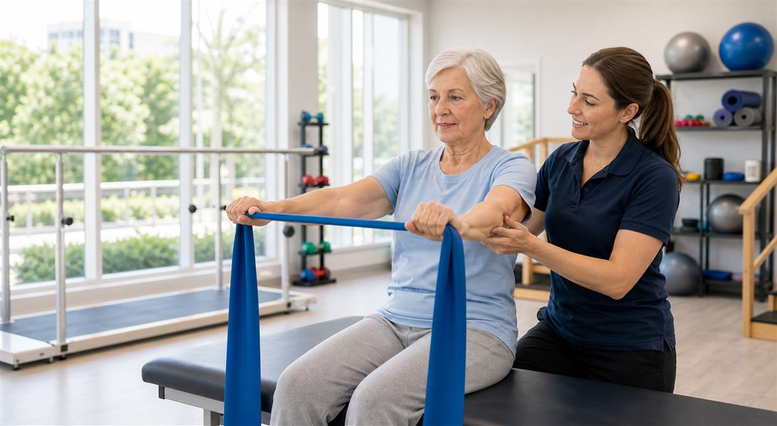 Physical therapist guiding gentle joint mobility therapy for arthritis