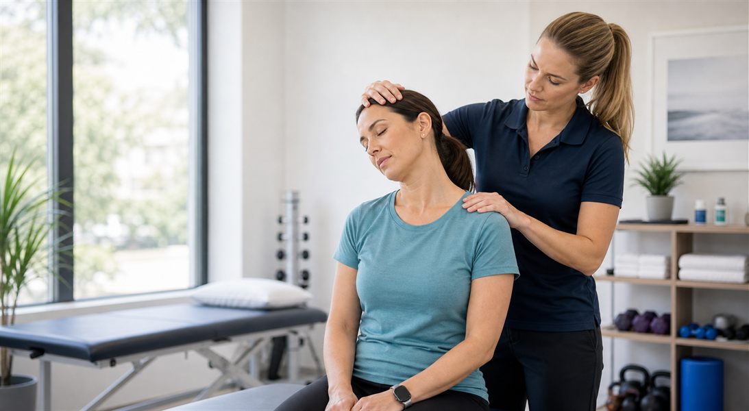 Physical therapist guiding whiplash recovery therapy after an auto accident