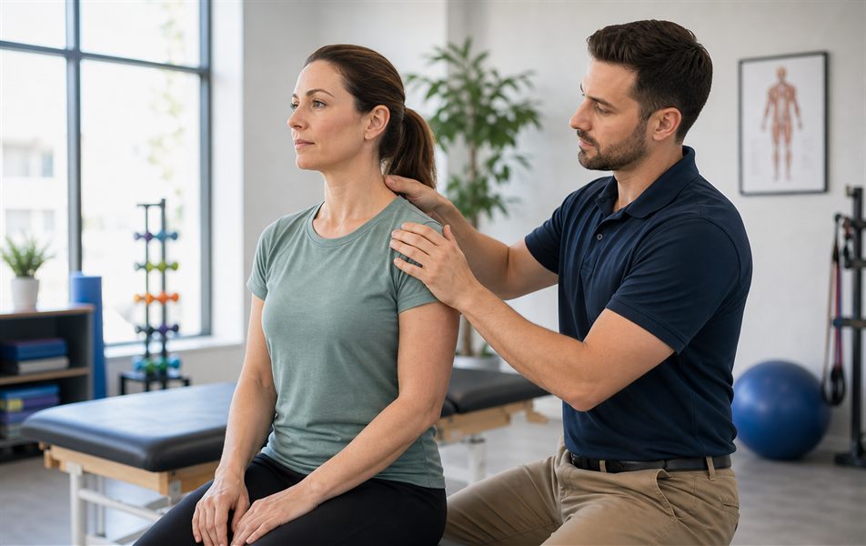 Physical therapist assessing neck posture and shoulder mobility