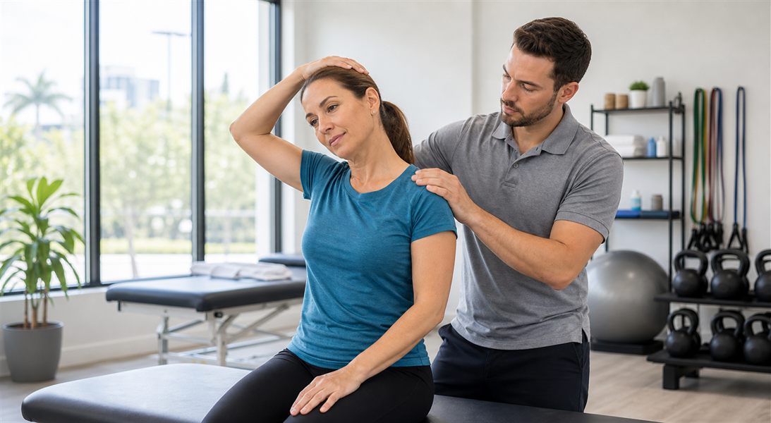Physical therapist guiding neck and upper back mobility treatment in Boca Raton