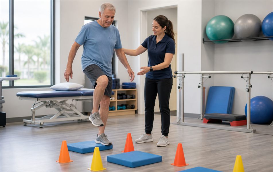 Physical therapist guiding functional balance exercise for fall prevention