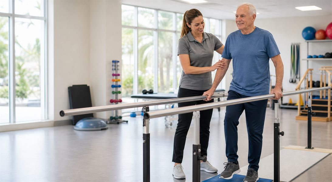 Physical therapist helping older adult with balance training in Boca Raton