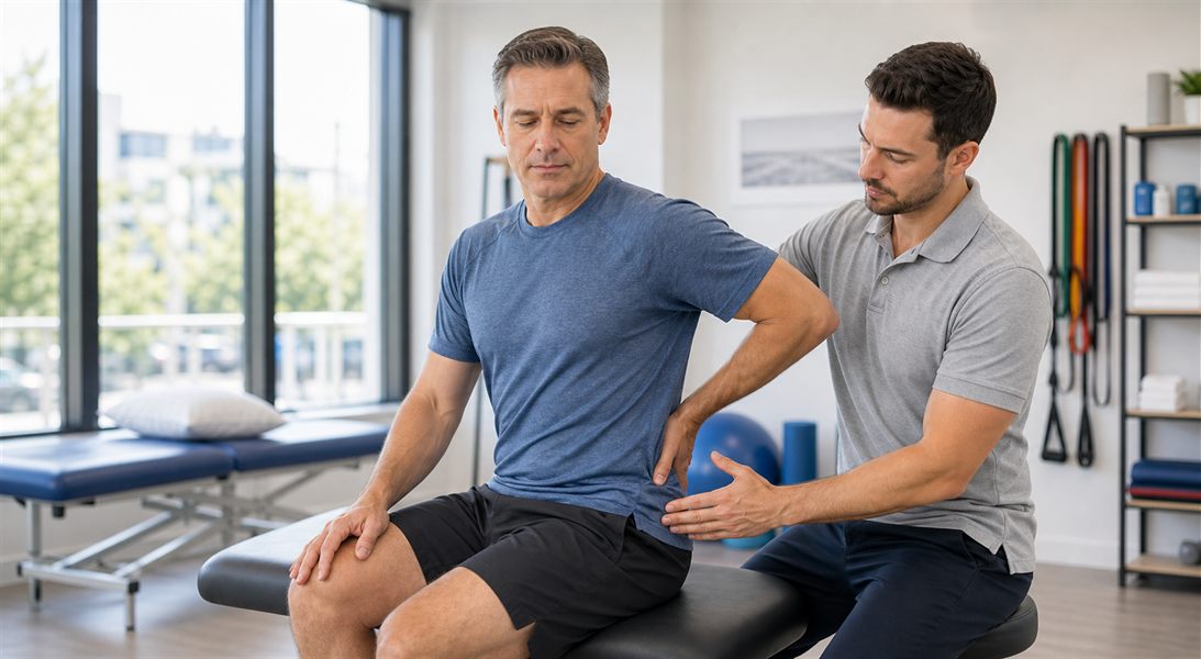 Physical therapist assessing posture and lower back mobility for herniated disc symptoms