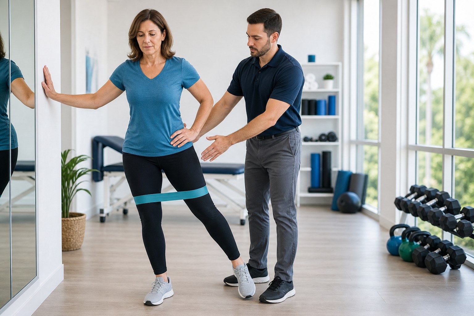 Physical therapist guiding hip pain strengthening exercise in Boca Raton