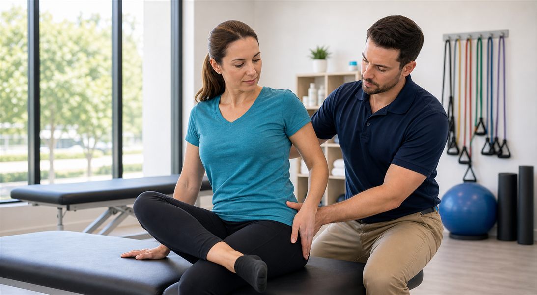 Physical therapist assessing hip mobility for hip pain treatment