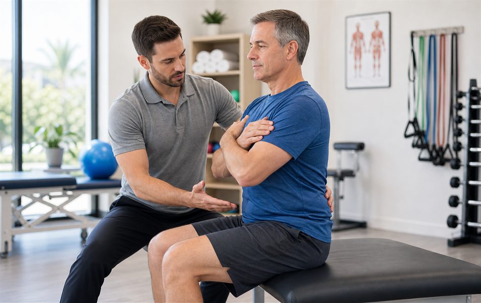 Physical therapist guiding core and hip mobility therapy for lower back pain