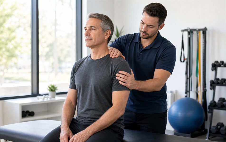 Physical therapist providing seated manual therapy for shoulder and upper back mobility