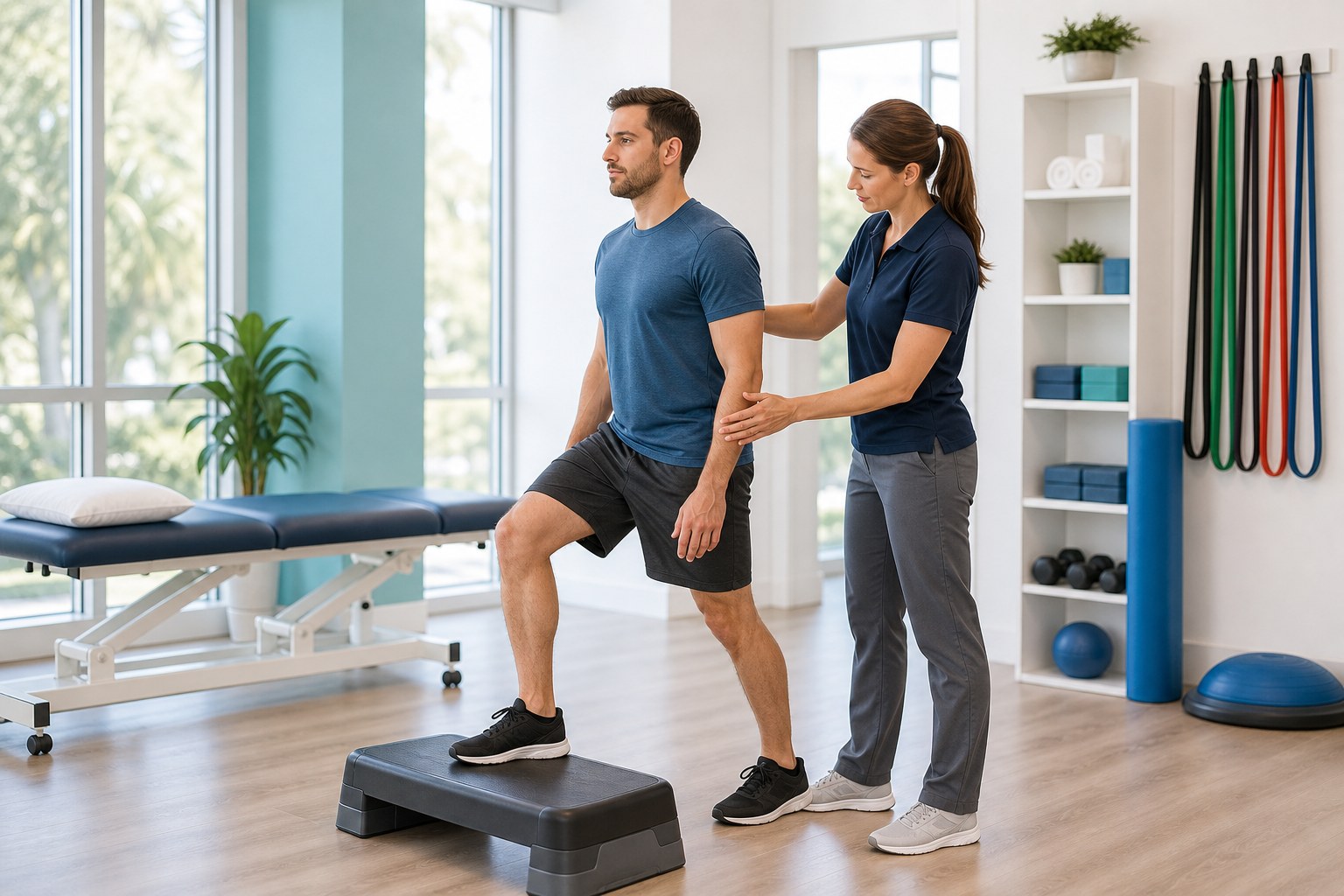 Physical therapist guiding functional orthopedic rehabilitation exercise in Boca Raton