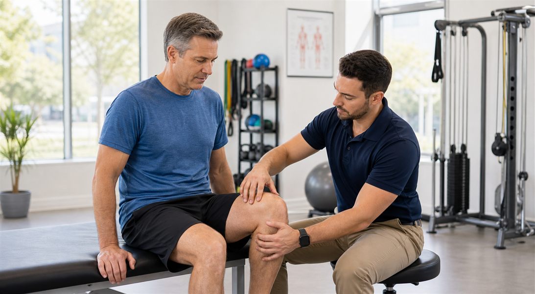 Physical therapist assessing knee mobility during orthopedic physical therapy