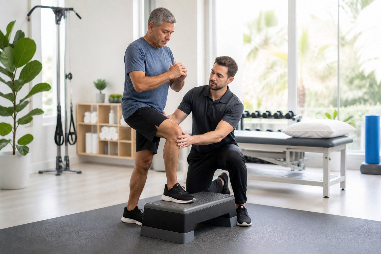 Physical therapist guiding knee strengthening exercise in Boca Raton