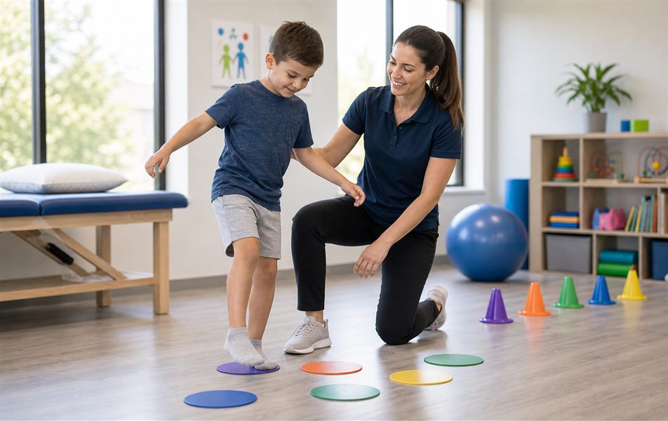 Child practicing balance coordination with pediatric physical therapist