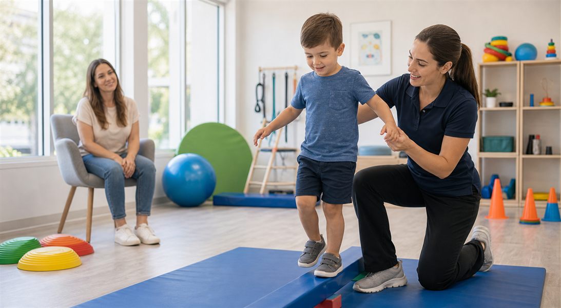 Pediatric physical therapist helping child practice balance and motor skills