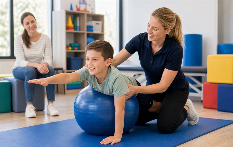 Child doing strength and motor skill therapy with pediatric therapist