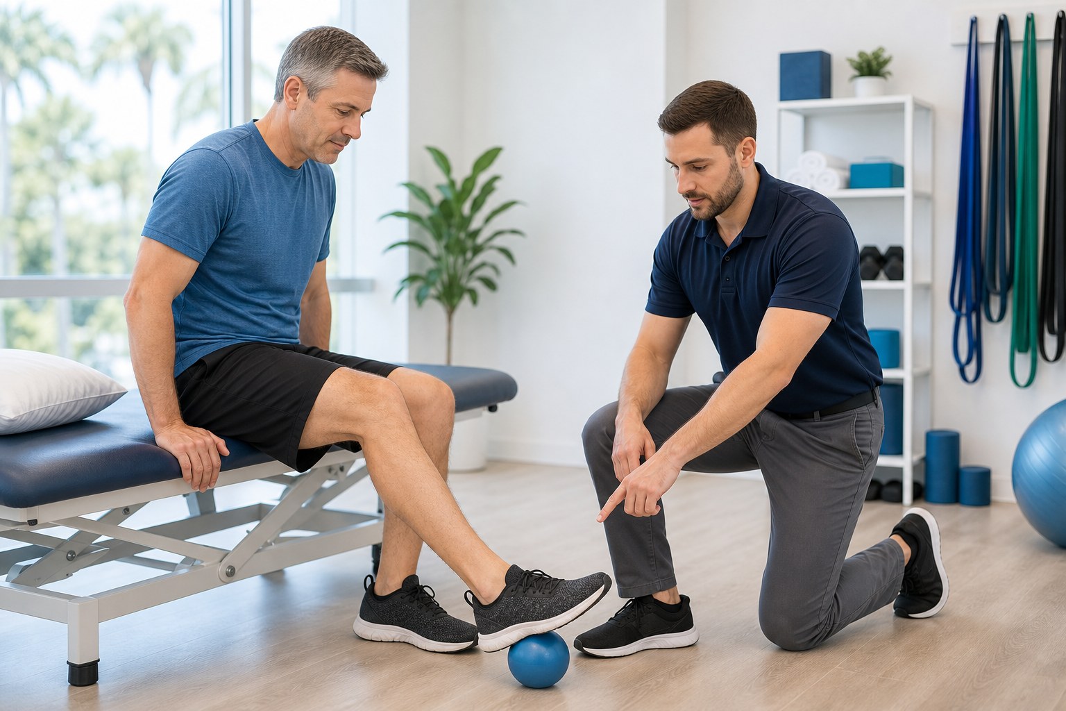 Physical therapist guiding plantar fasciitis foot therapy exercise in Boca Raton