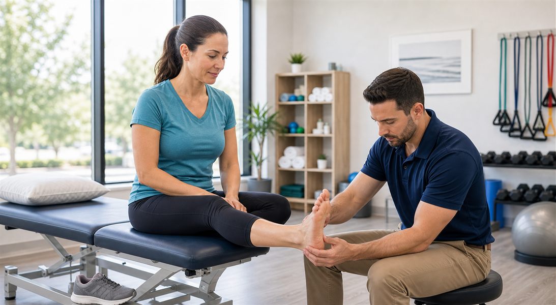 Physical therapist assessing foot and heel pain for plantar fasciitis