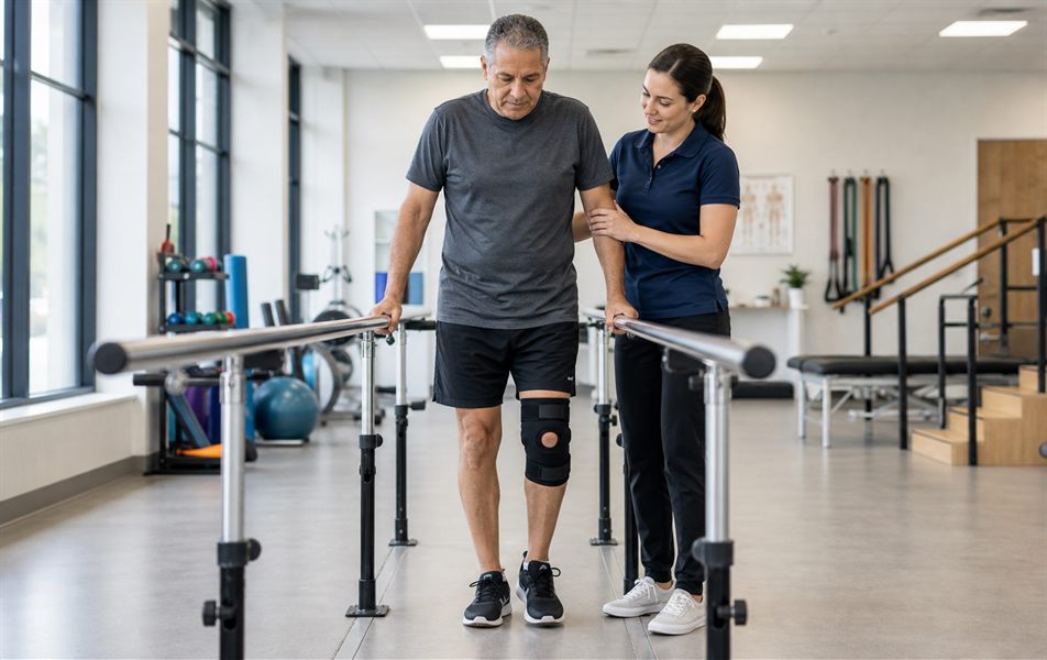 Physical therapist assisting gait training after orthopedic surgery