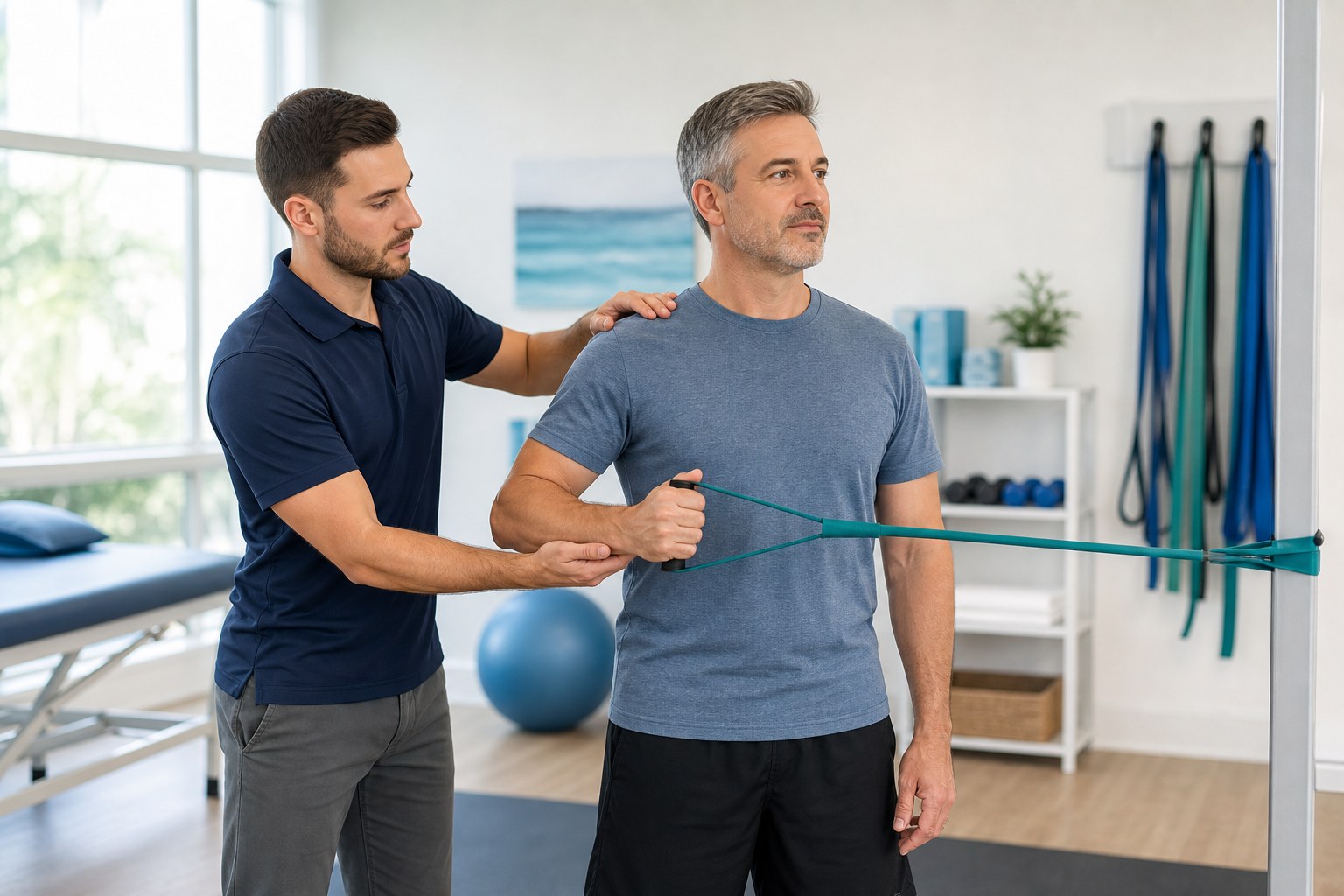 Physical therapist guiding rotator cuff shoulder rehabilitation exercise in Boca Raton