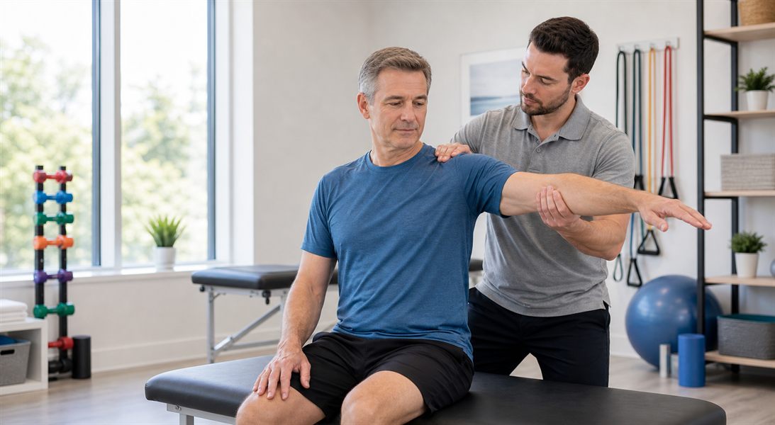 Physical therapist assessing shoulder mobility for a rotator cuff injury
