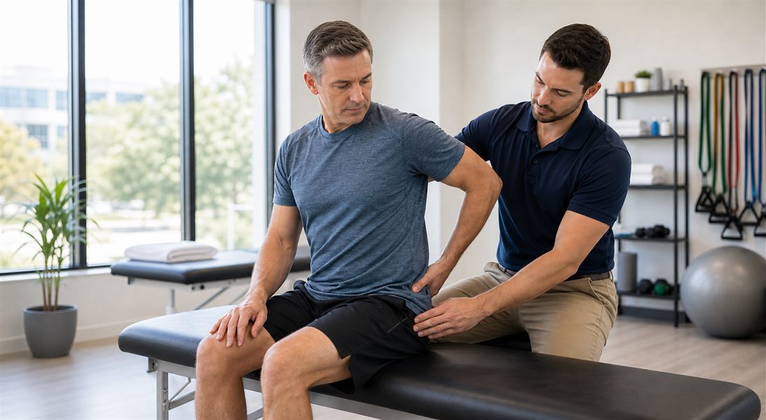 Physical therapist assessing hip and lower back mobility for sciatica symptoms