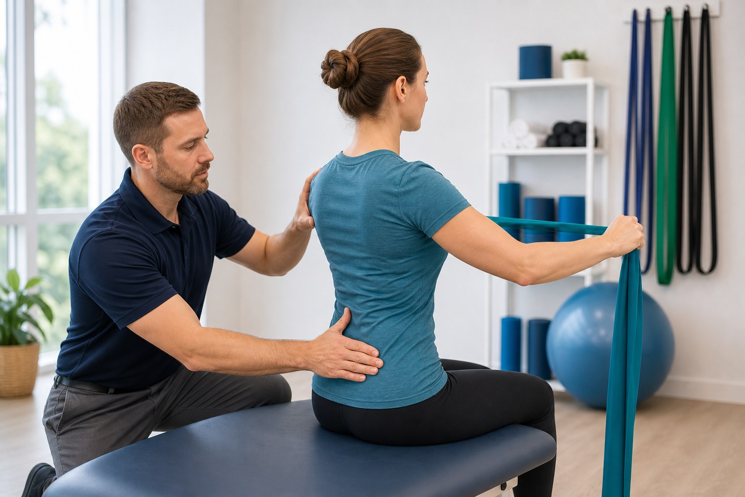 Physical therapist guiding scoliosis posture and core exercise in Boca Raton