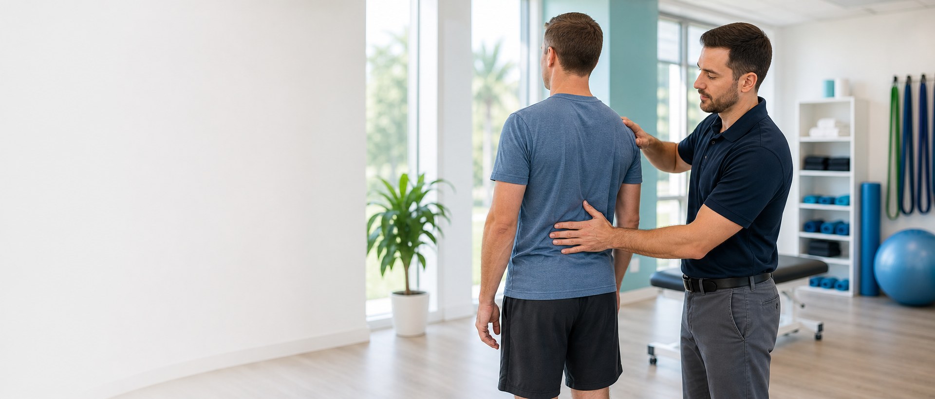 Physical therapist assessing posture and spine alignment for scoliosis therapy in Boca Raton