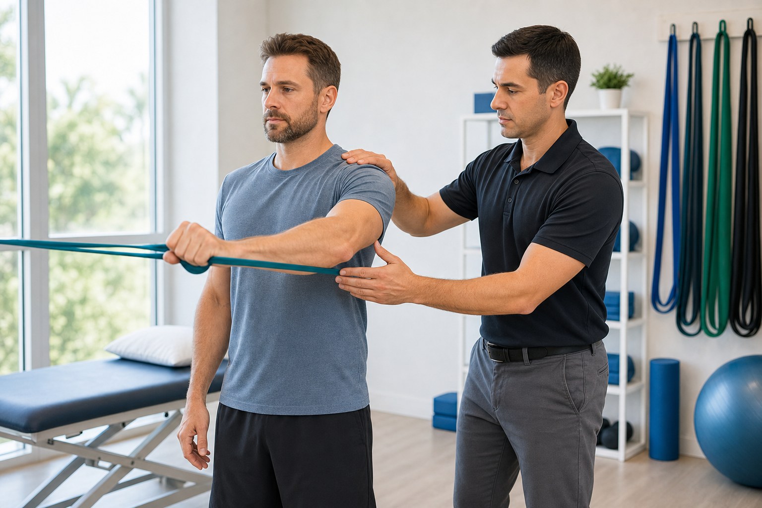 Physical therapist guiding shoulder impingement rehabilitation exercise in Boca Raton