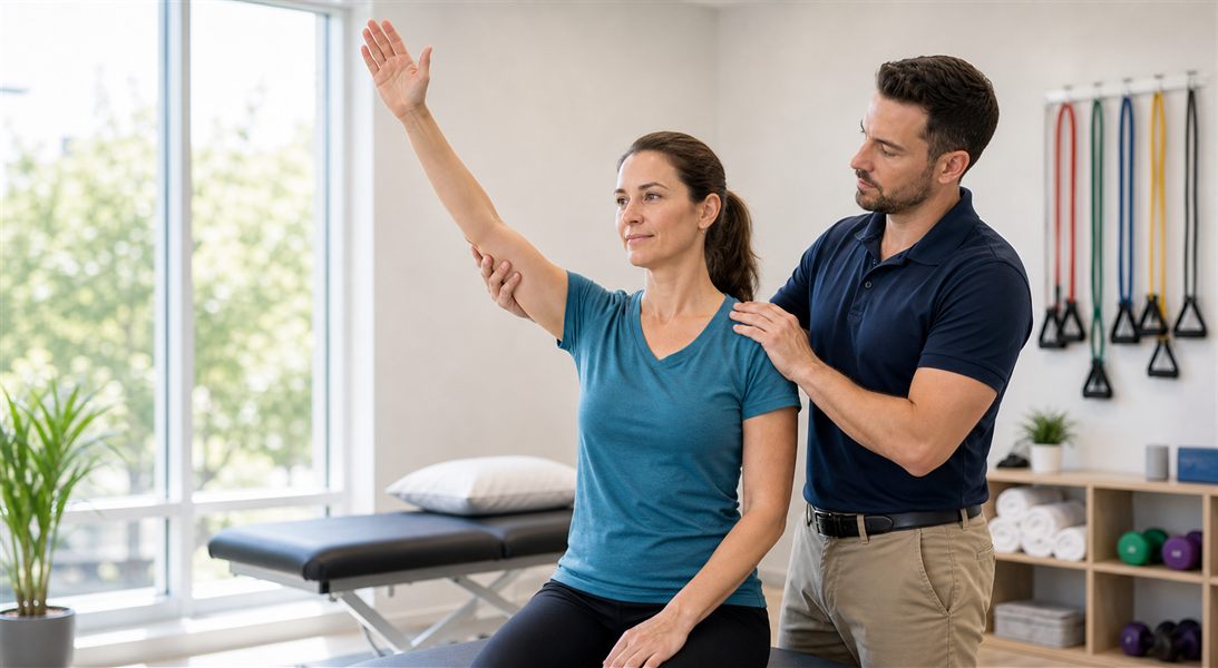Physical therapist assessing shoulder movement for shoulder impingement