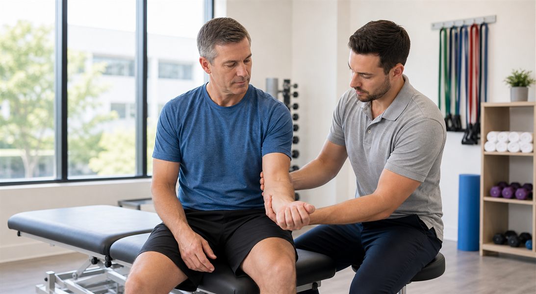 Physical therapist assessing elbow and forearm pain for tennis elbow
