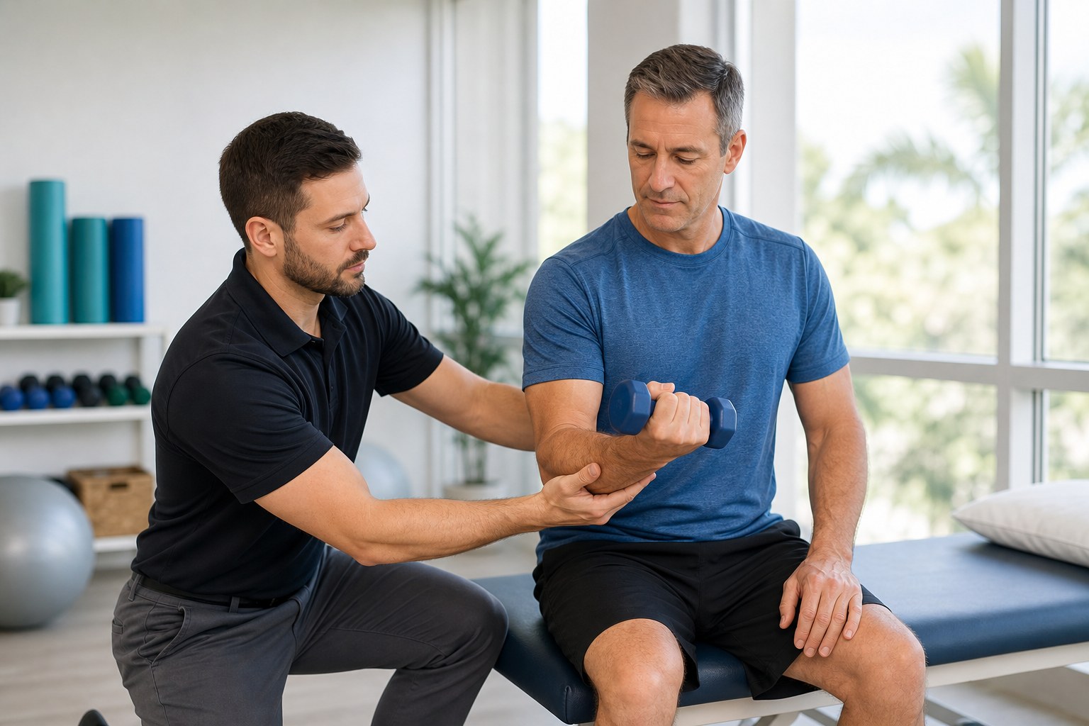 Physical therapist guiding tennis elbow forearm strengthening exercise in Boca Raton