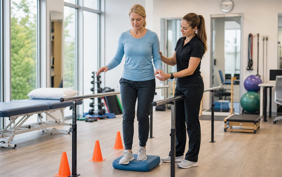 Physical therapist assisting balance training for vestibular rehabilitation