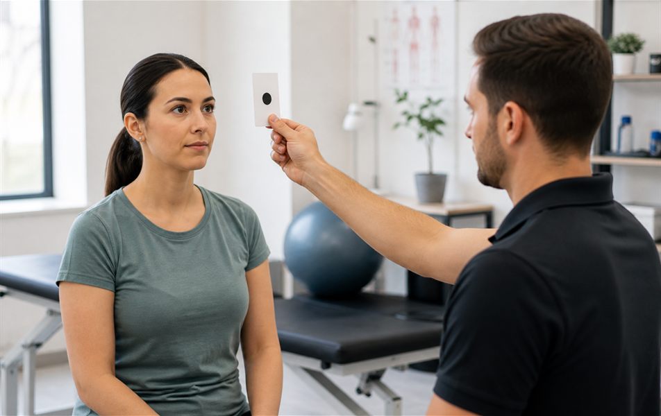 Seated vestibular therapy assessment for dizziness and gaze stabilization