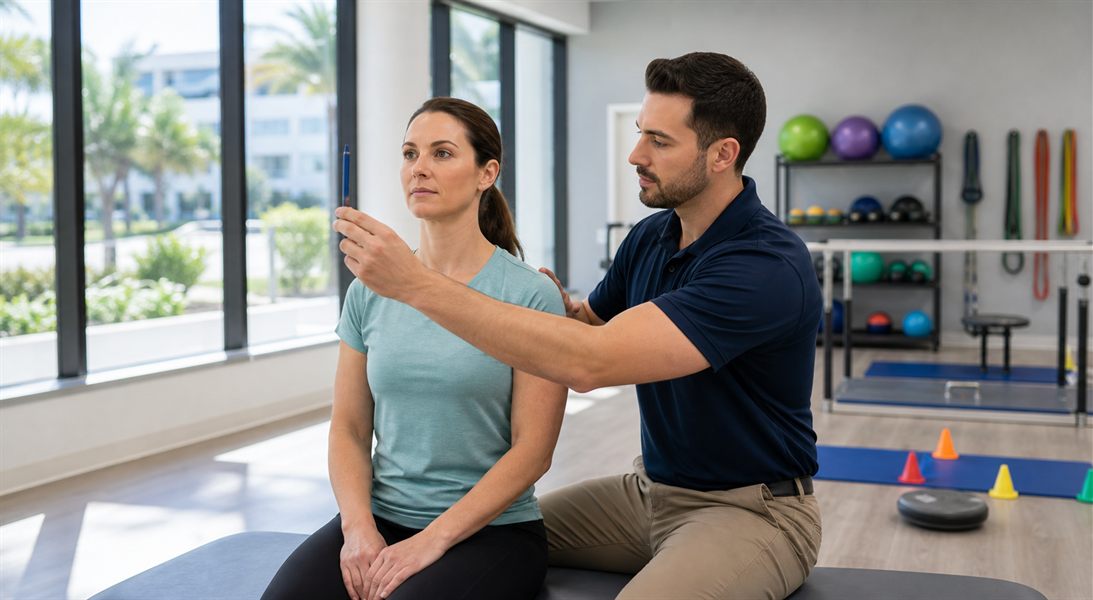 Physical therapist guiding vestibular therapy gaze stabilization in Boca Raton