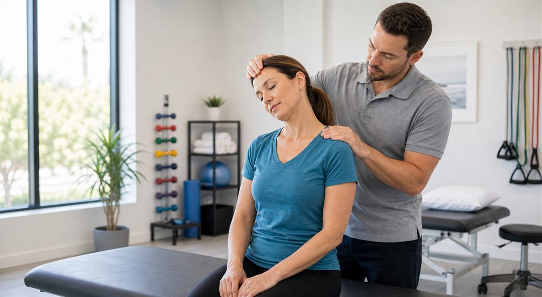 Physical therapist guiding gentle neck therapy for whiplash recovery