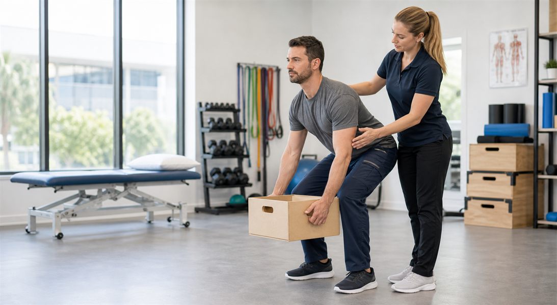 Physical therapist teaching safe lifting mechanics for work injury rehabilitation