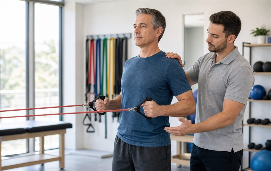 Resistance band strengthening for work-related shoulder strain