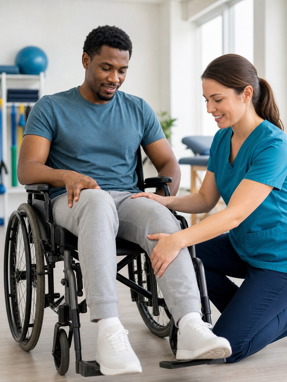 Patient in wheelchair receiving physical therapy support for auto accident rehabilitation at Sophysio