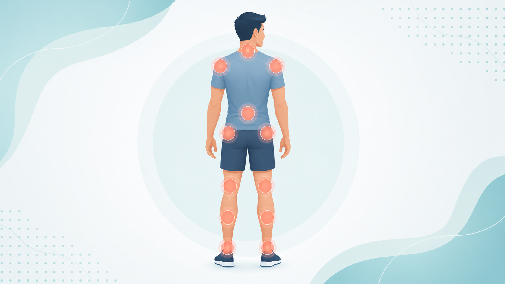 Illustration showing common areas that feel stiff after sitting including neck, back, hips, knees, and ankles