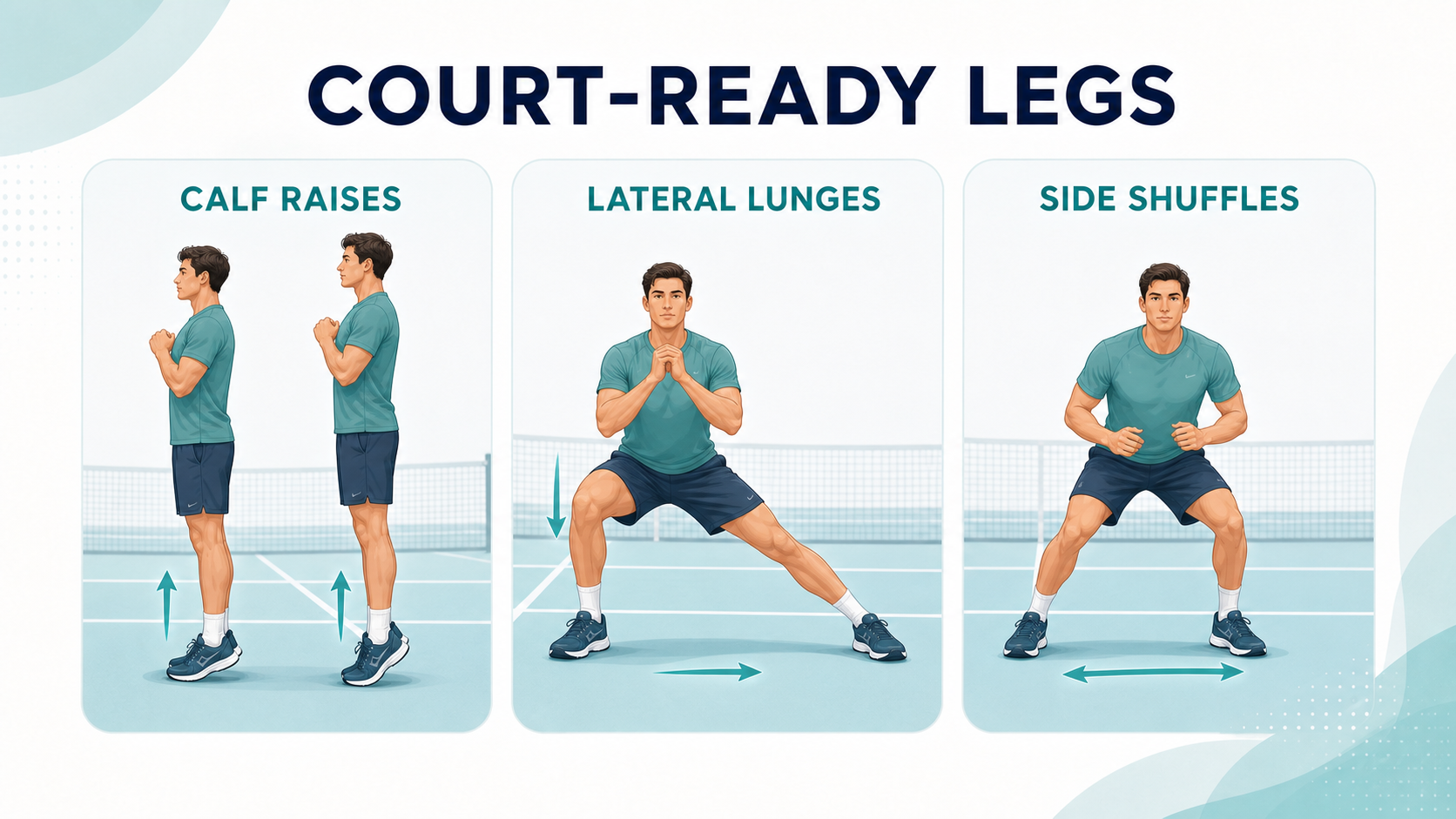 Illustration of calf raises lateral lunges and side shuffles for pickleball
