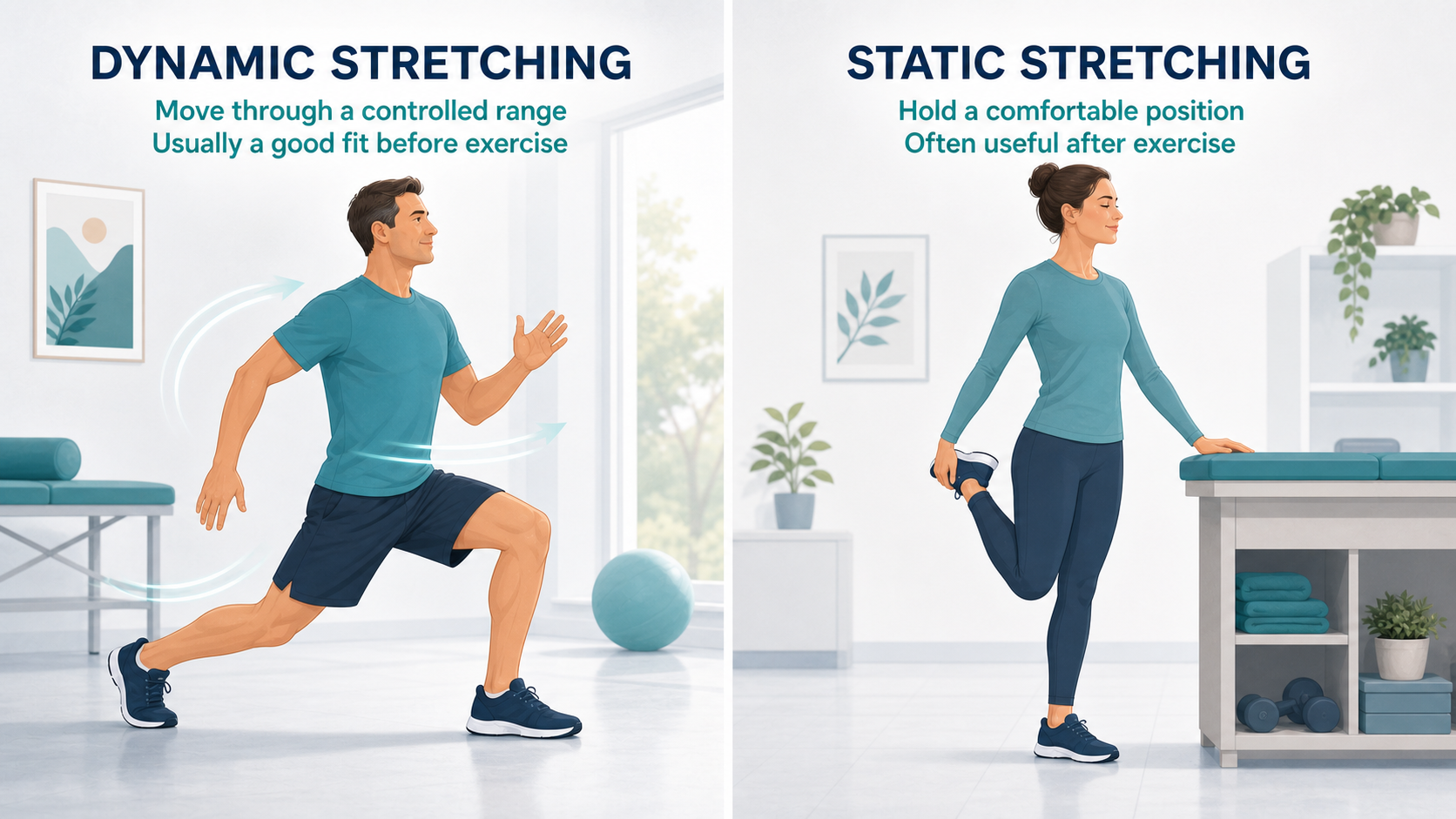 Illustration comparing dynamic stretching with static stretching