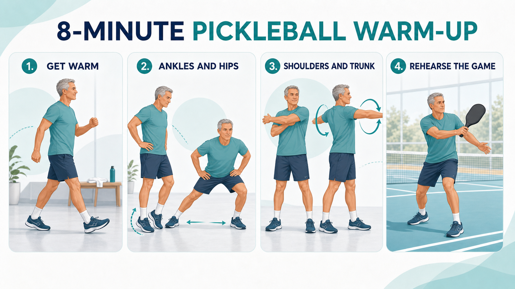 Four-step illustration showing an eight-minute pickleball warm-up