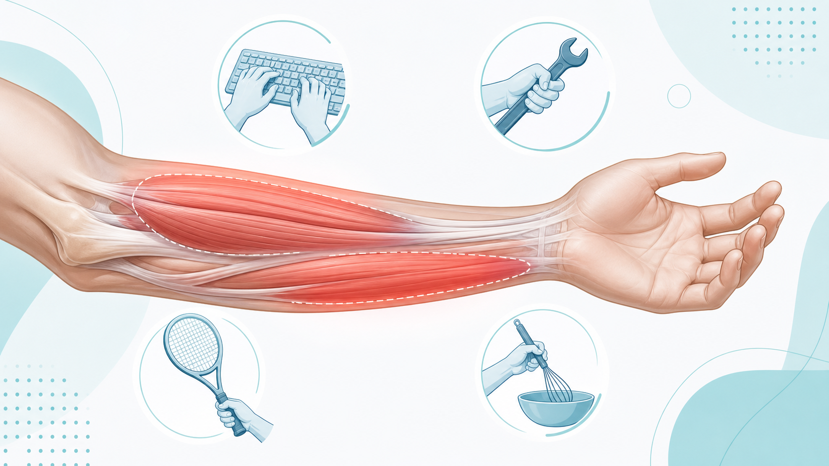 Illustration of forearm muscle groups affected by typing, gripping tools, tennis, and hand work