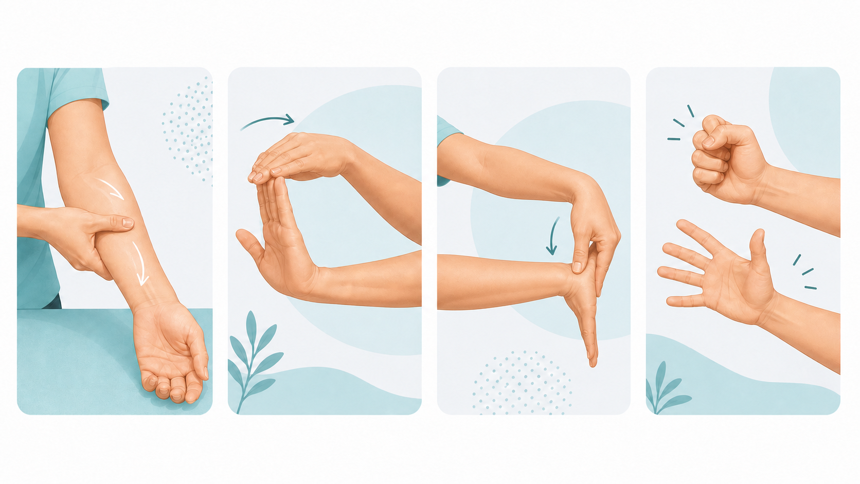 Illustration of gentle forearm massage, wrist stretches, and hand movement sequence