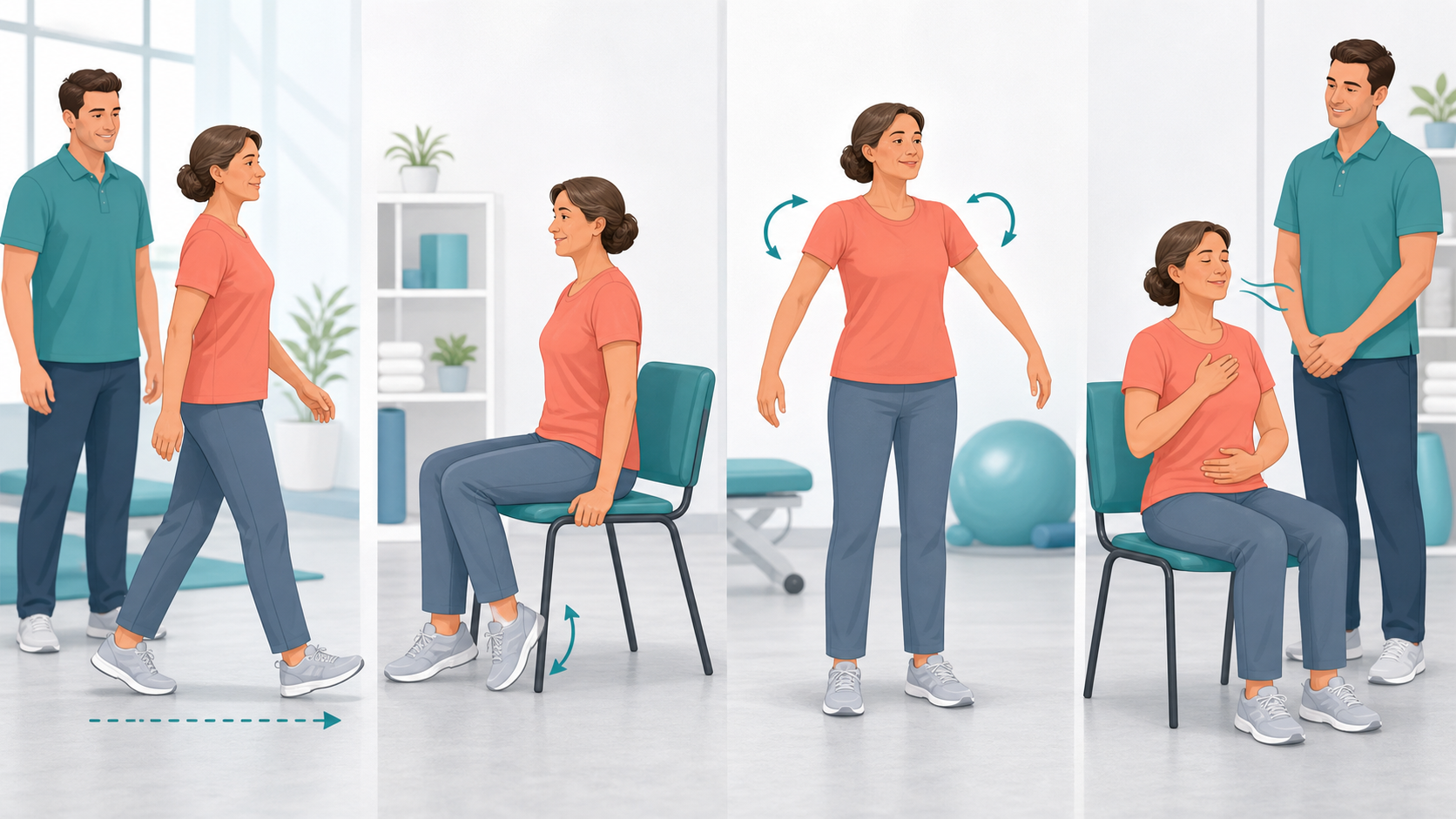 Illustration of gentle movement options after pain including walking and seated motion