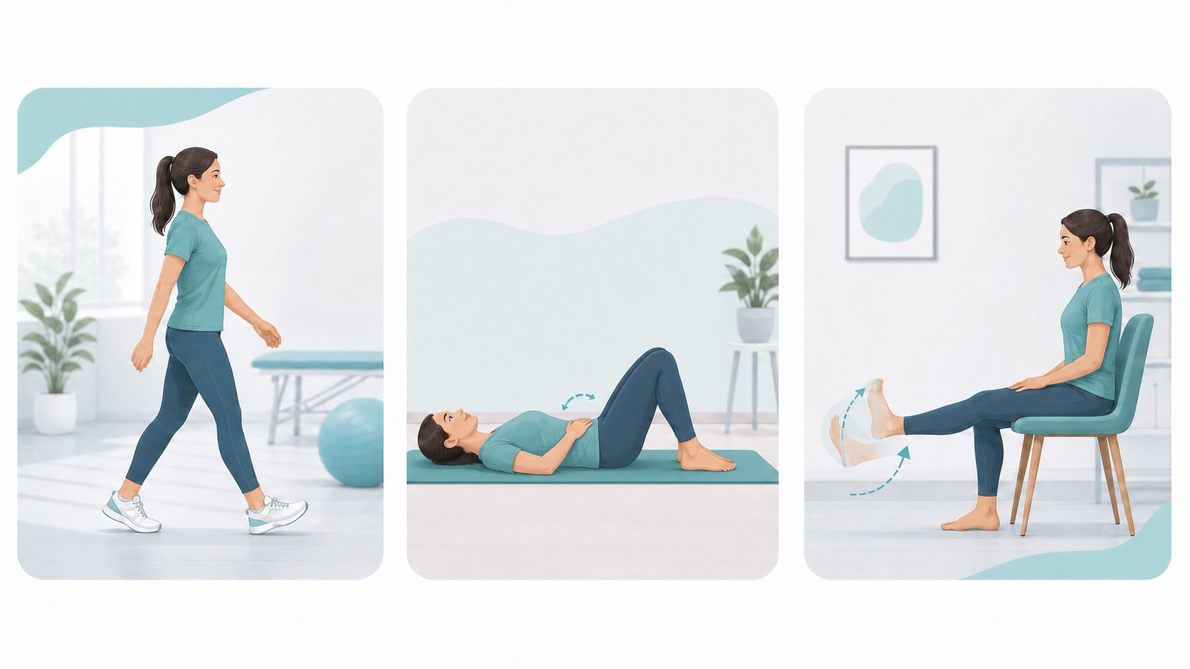 Illustration of walking, pelvic mobility, and seated nerve glide options for sciatic pain