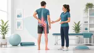 Illustration showing sciatic-type pain pathway from lower back and pelvis down the leg with therapist guidance