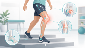 Illustration showing knee pain connected to foot, ankle, hip, and movement chain mechanics