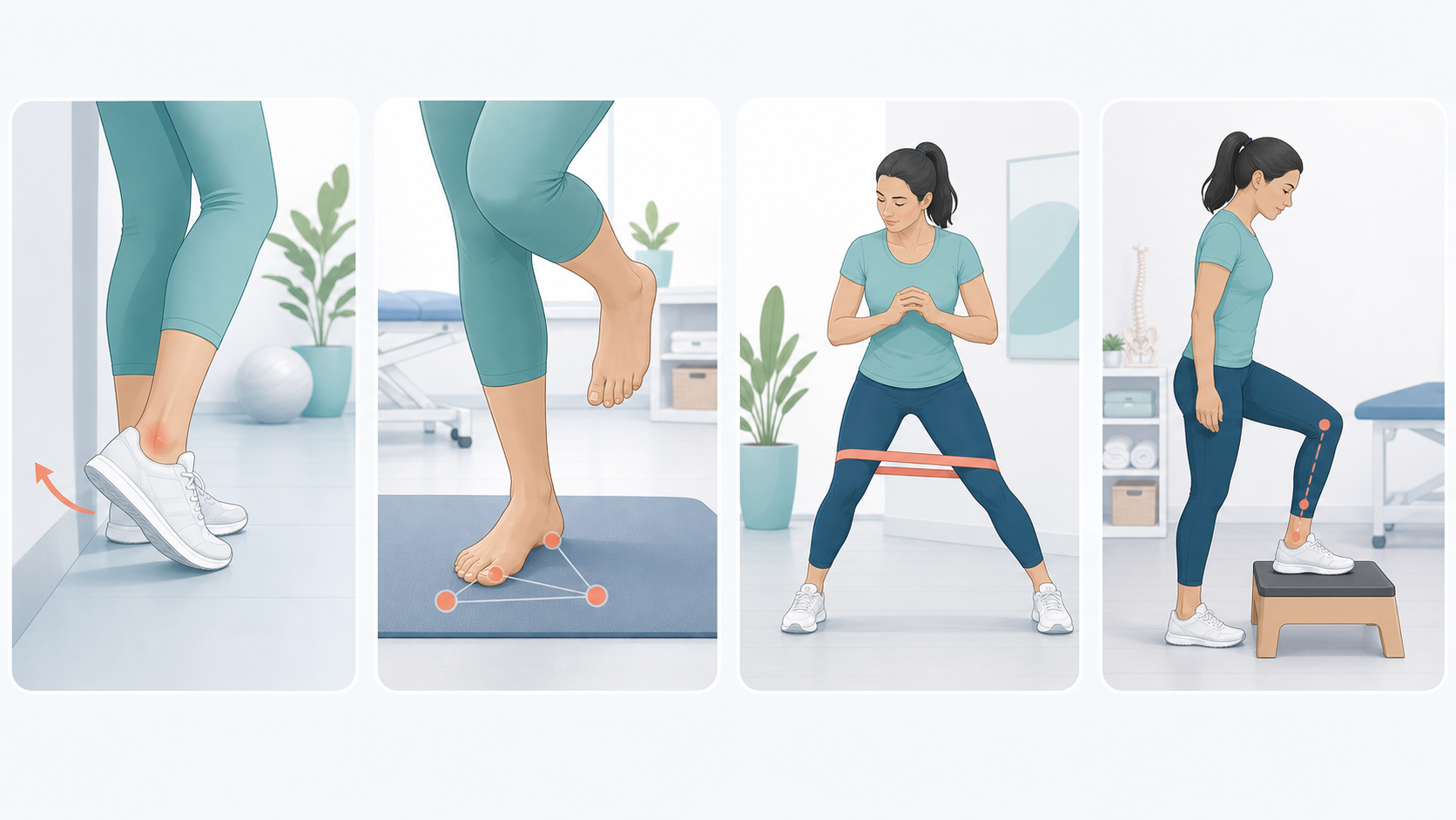 Illustration of ankle mobility, foot balance, hip strengthening, and step-down control for knee pain
